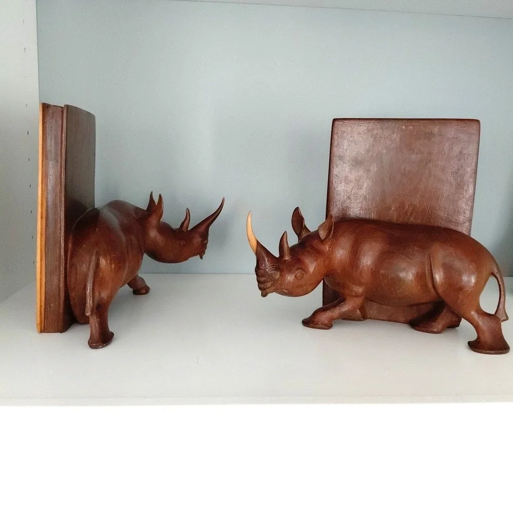 Vintage Hand‎ Carved Natural Wood African RHINO Bookends Heavy Artist Detailed - Picture 2 of 16